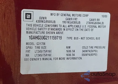 2001 Chevrolet Express from USA, damaged, VIN 1GAHG39G211159719